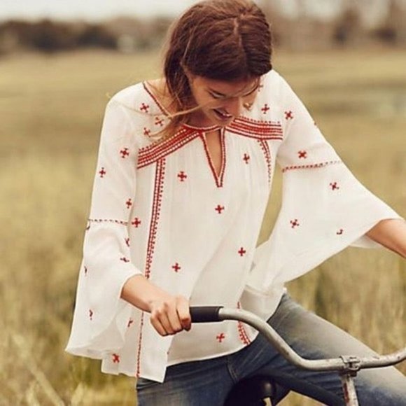 Anthropologie Tops - Anthro Floreat Adena White with Red Embroidery Top